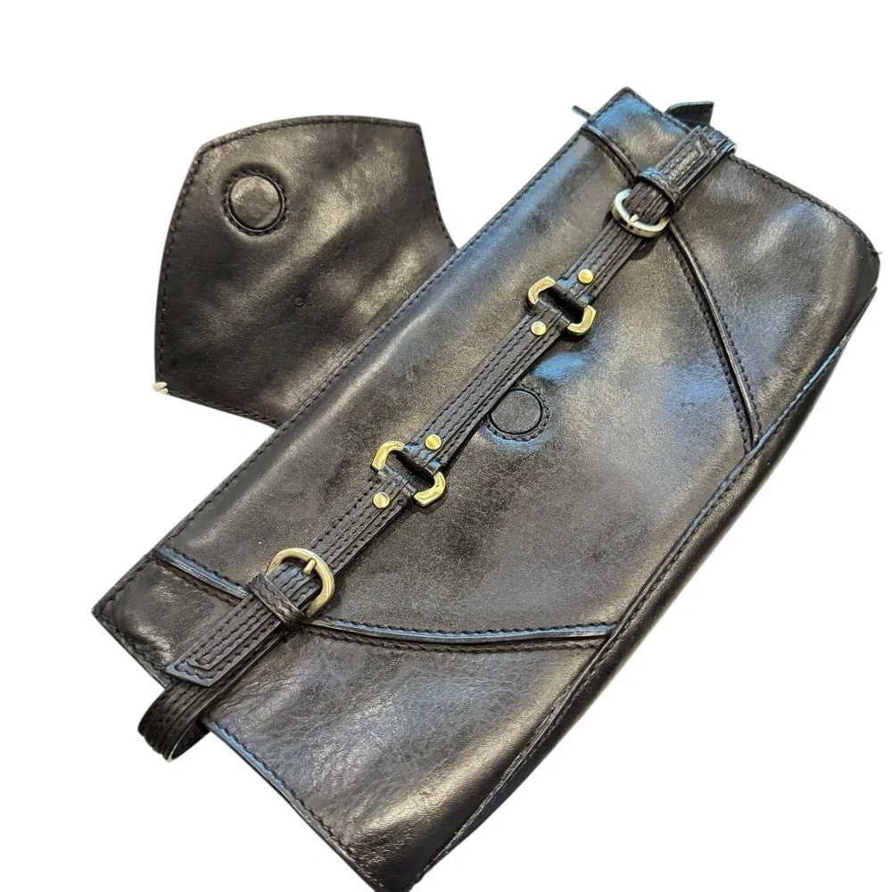Via Spiga Leather Black Clutch with Gold Hardware.